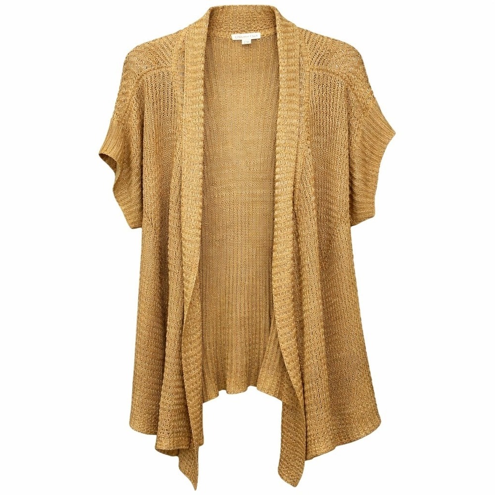 Coldwater Creek Linen Knit Short Sleeve Cardigan Size XL Tan Open Front